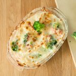 Salmon Gratin with Creamy Mushroom, Broccoli, and Mozzarella Cheese